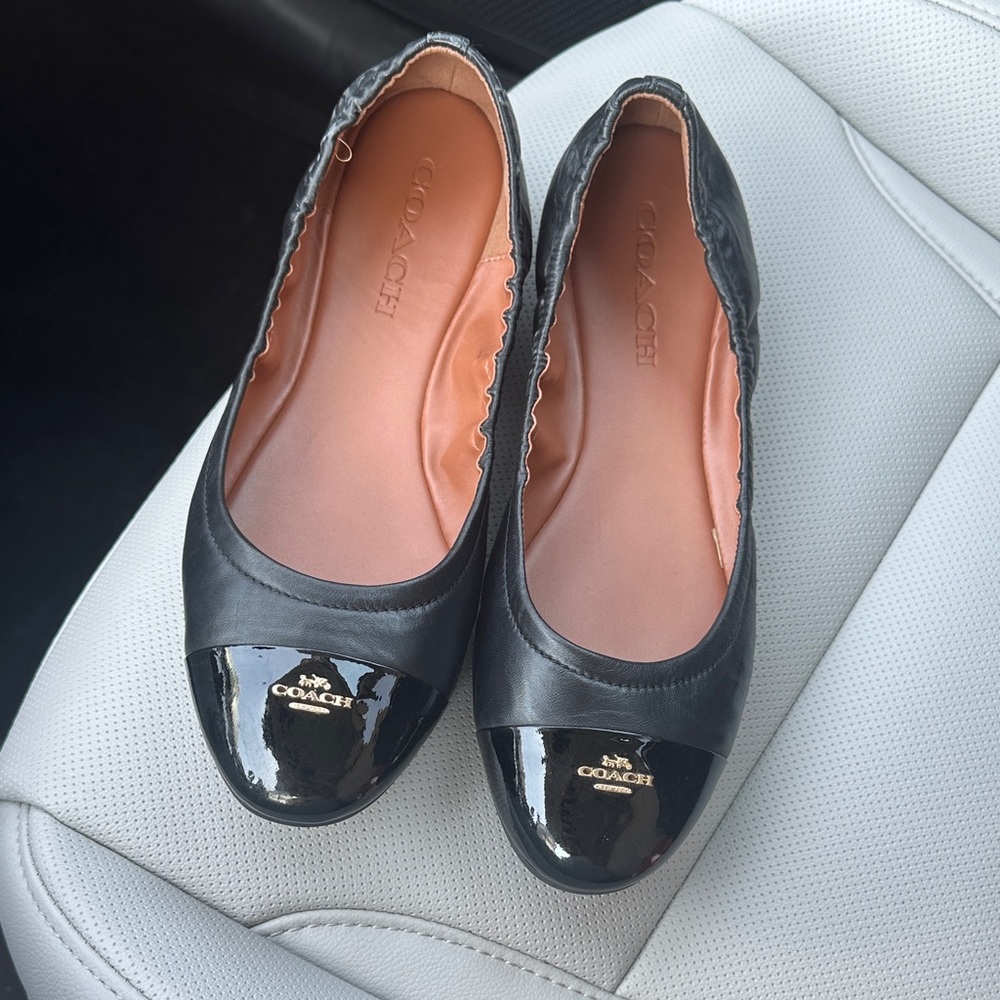 Coach Black Leather Ballet Flats with Patent Black Toe and Gold Logo